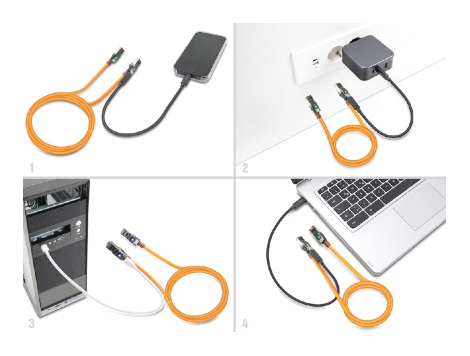 Imagine Cablu de retea RJ45 Cat.6A S/FTP T-T cu port finder Self Tracing USB-C 10m Orange, Delock 80418